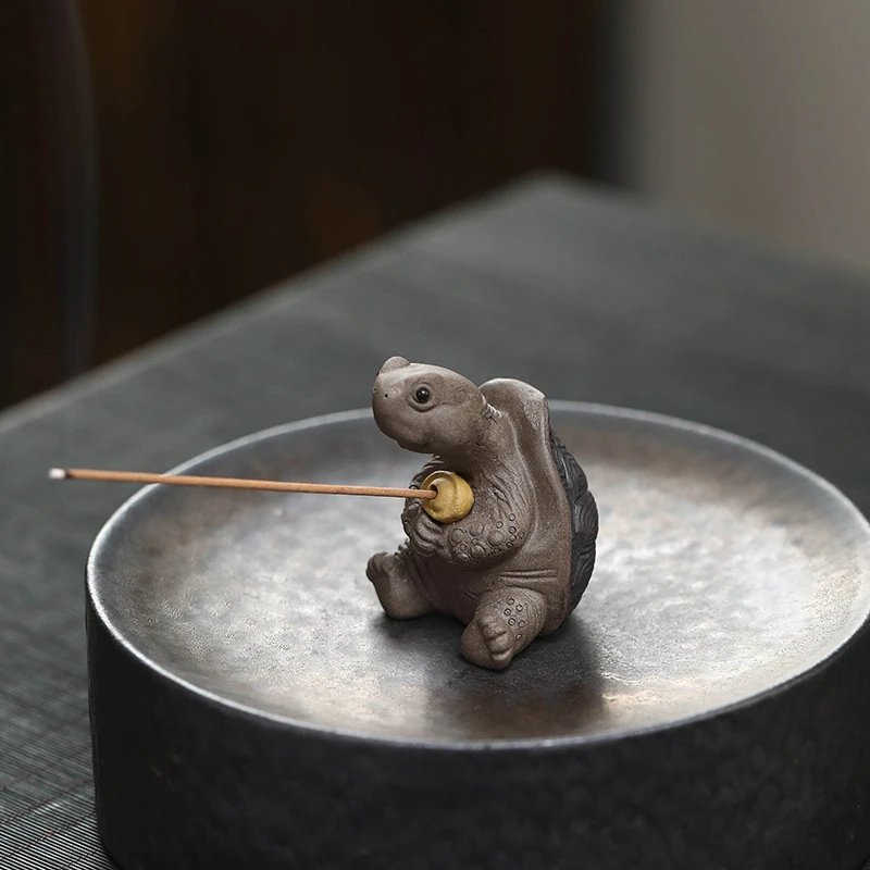 紫砂茶宠乌龟小摆件手工元宝禅香插海龟仙人雕塑茶桌茶玩茶具可养