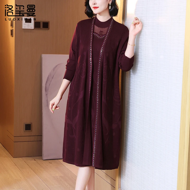 洛玺曼烫钻针织开衫女2025新款高端精致时尚妈妈装中长款毛衣外套