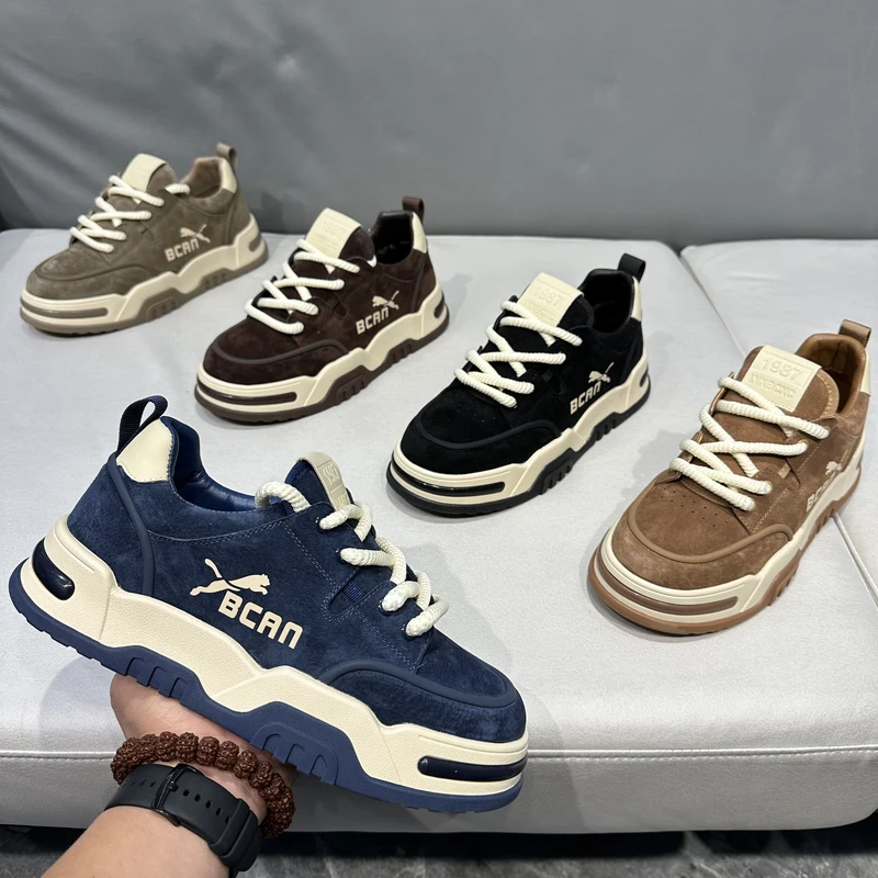 四季低帮系带磨砂拼接厚底增高舒适防滑板鞋潮流时尚百搭休闲男鞋
