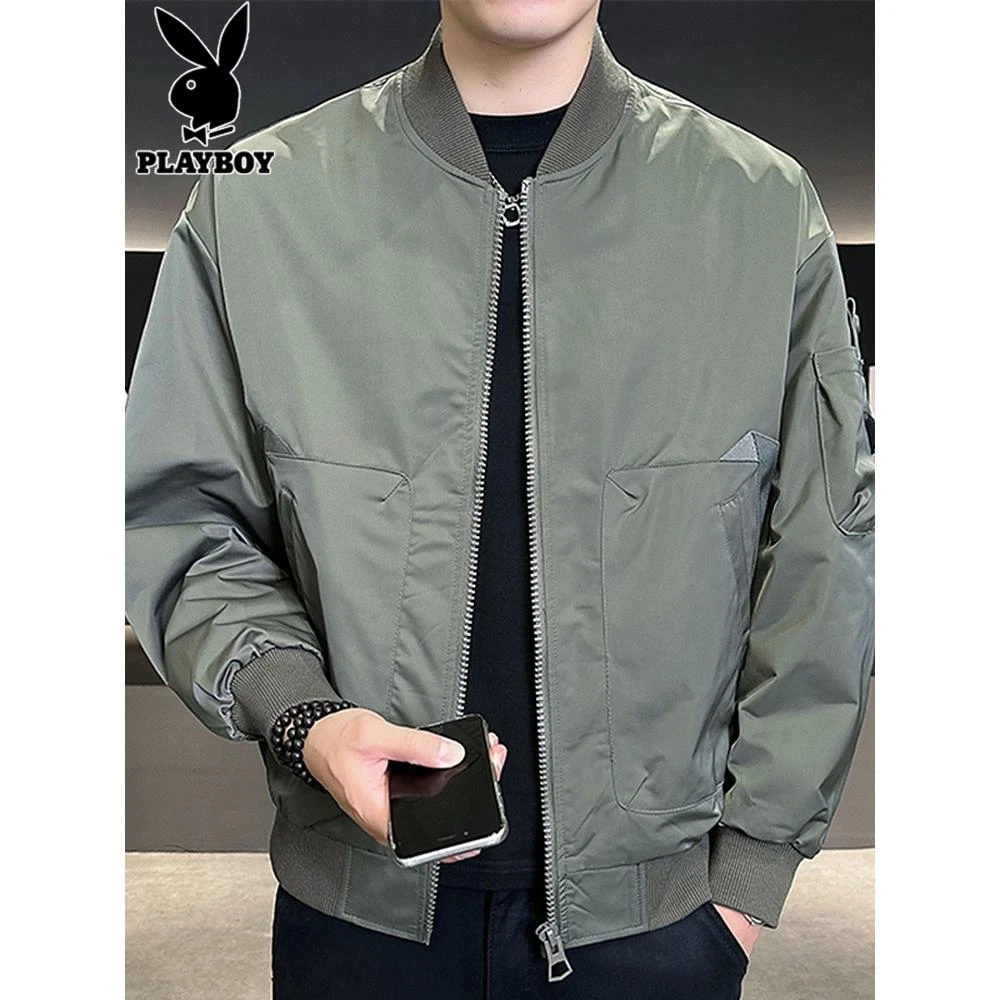 花花公子飞行夹克男士防风衣服2025年冬季简约潮流棒球领工装外套