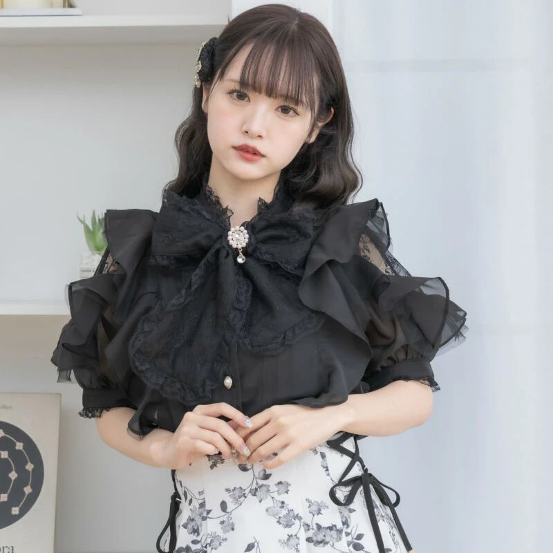 ROJITA · couture 印花荷叶边露肩衬衫(C511143现货)