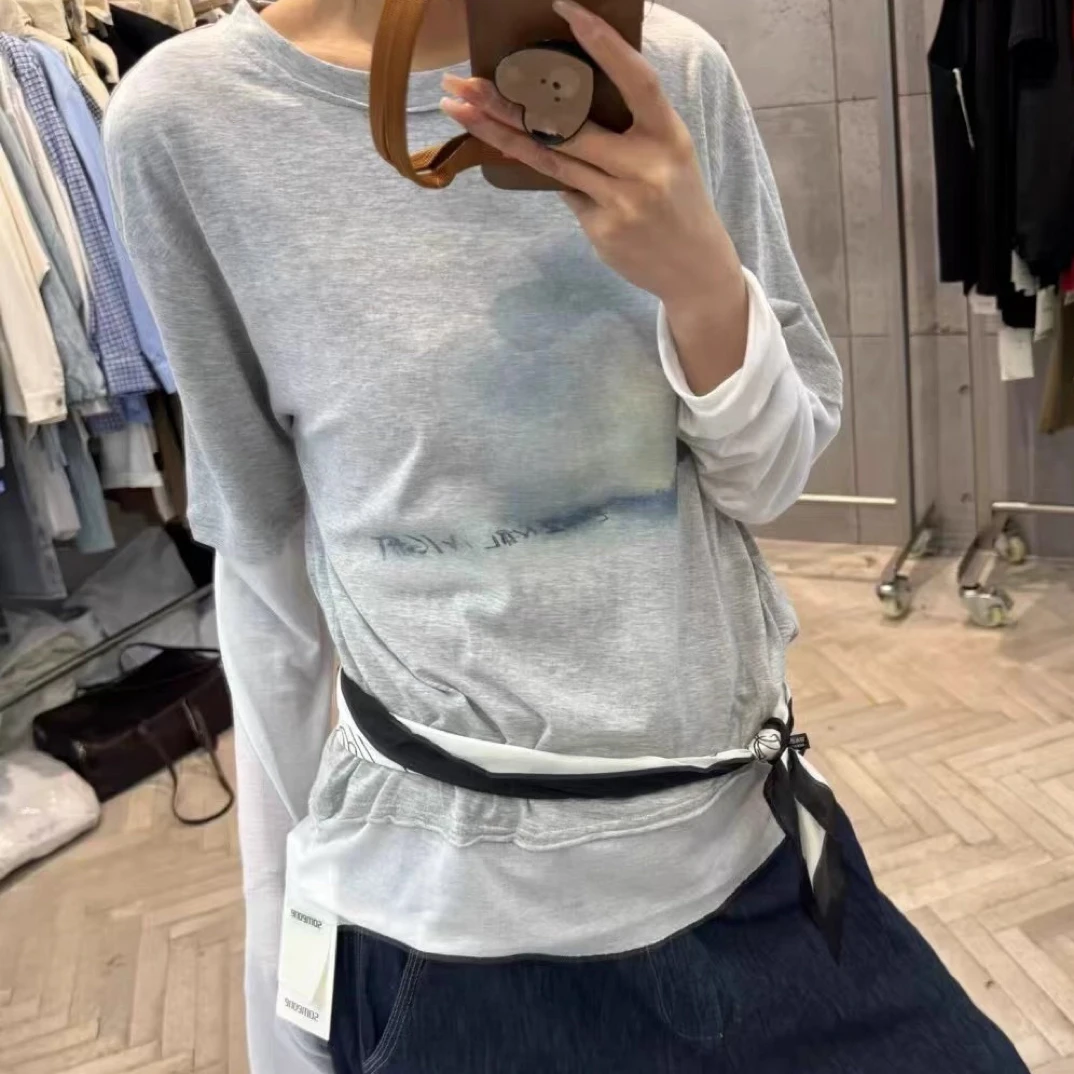 耐磨常规款短袖圆领印花长袖T恤打底衫女士牛仔蓝色