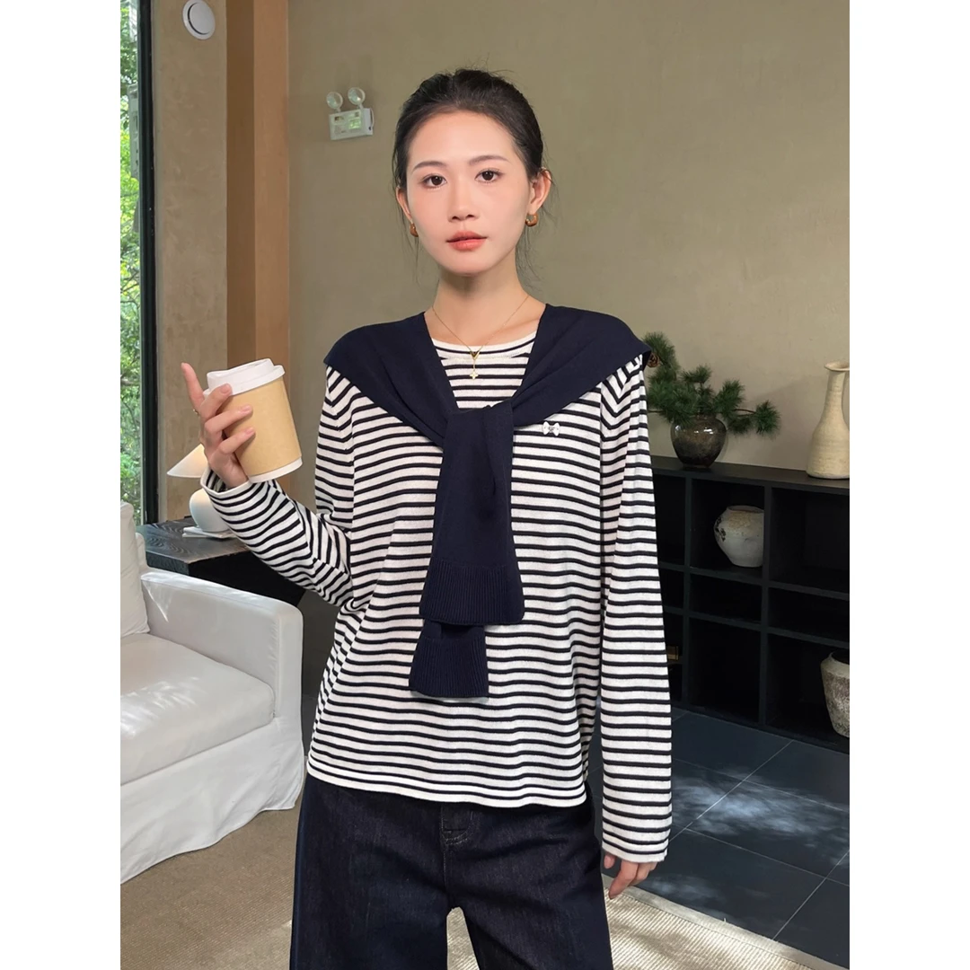 圆领条纹打底衫女2025新款秋针织长袖t恤慵懒休闲上衣披肩两件套