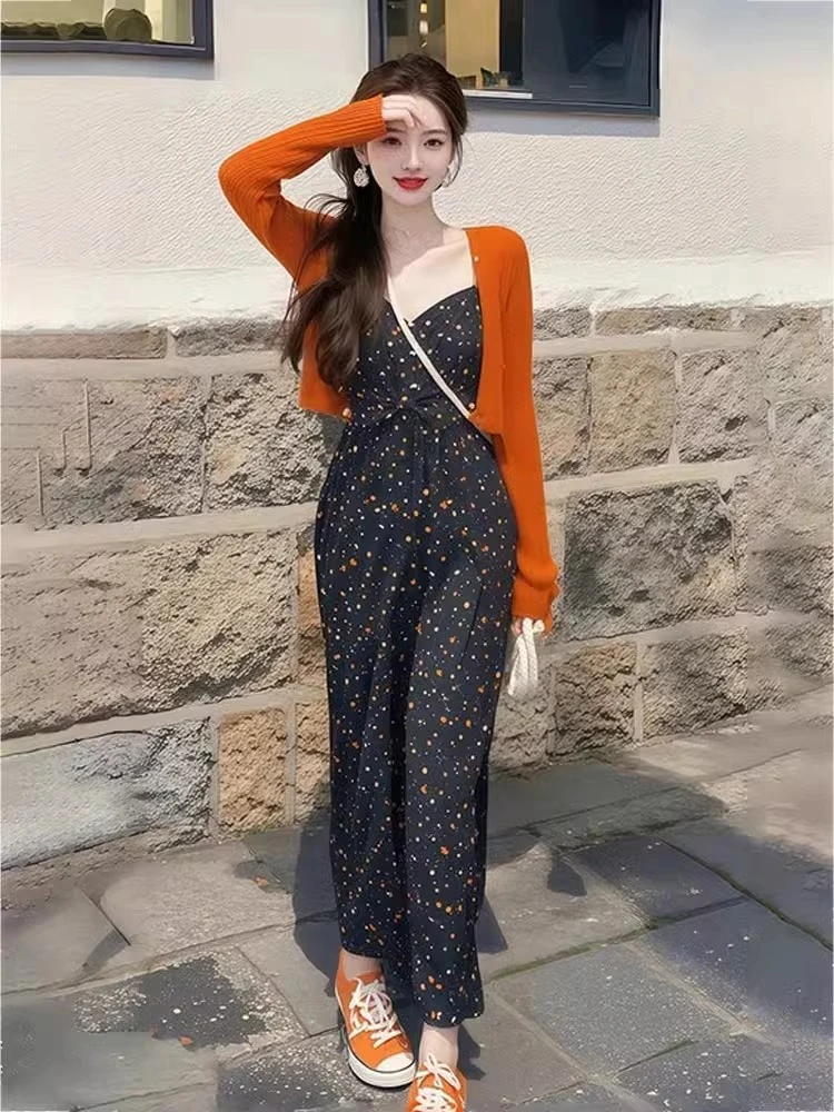 大码女装春季搭配一整套韩系穿搭减龄针织开衫吊带连衣裙显瘦套装