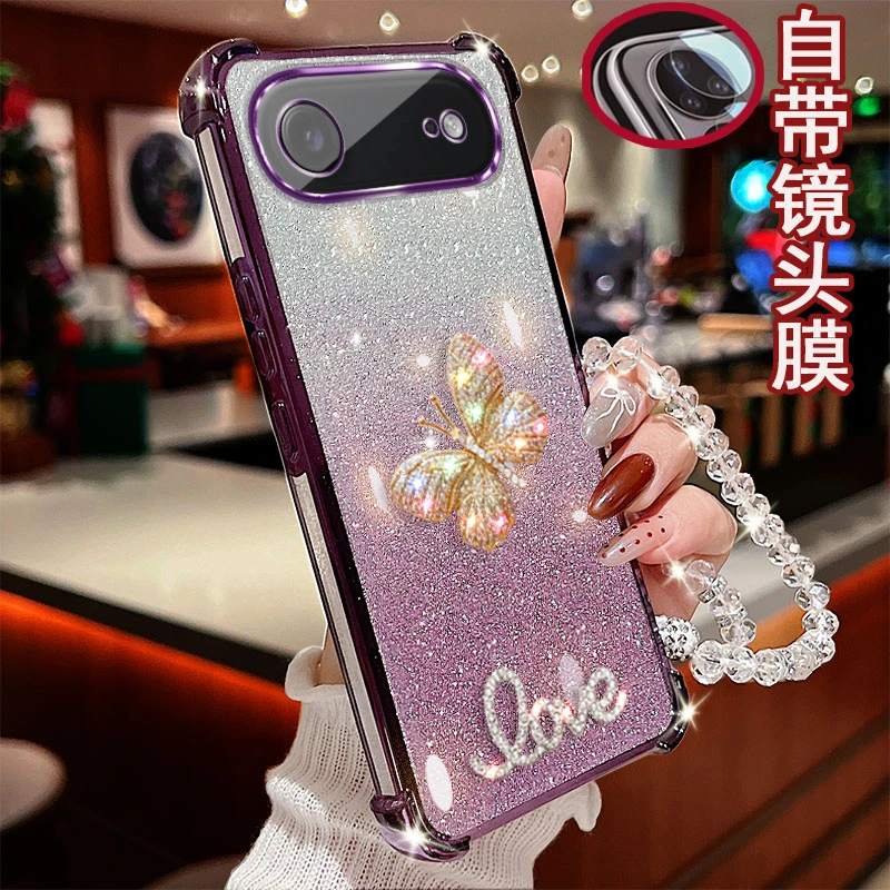 适用苹果17Air手机壳镶钻彩蝶四角气囊防摔套镜头全包边网红女款
