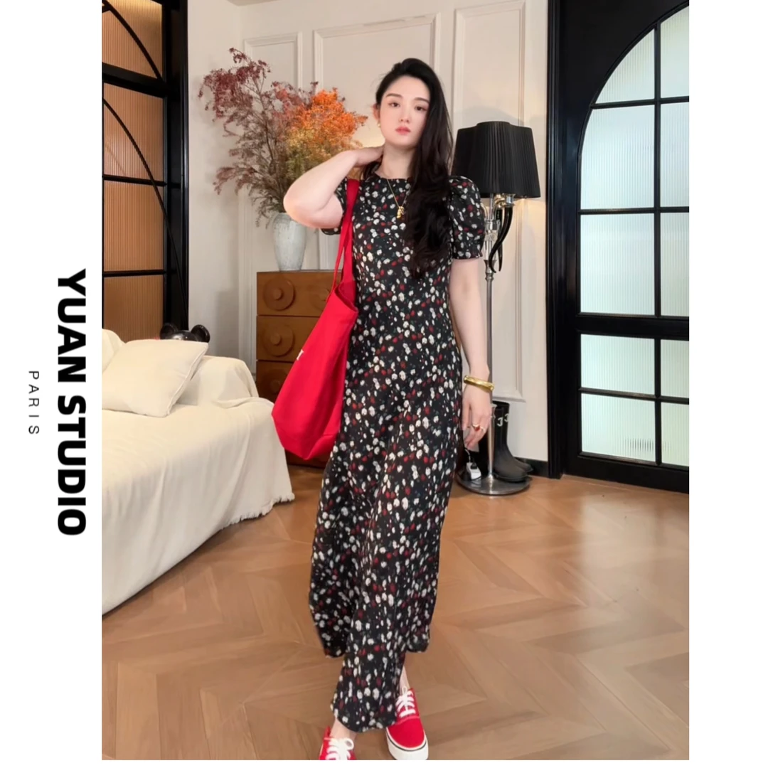 YUAN 【落花识梦】春夏季法式复古斜裁显瘦遮肉防晒短袖优雅连衣裙