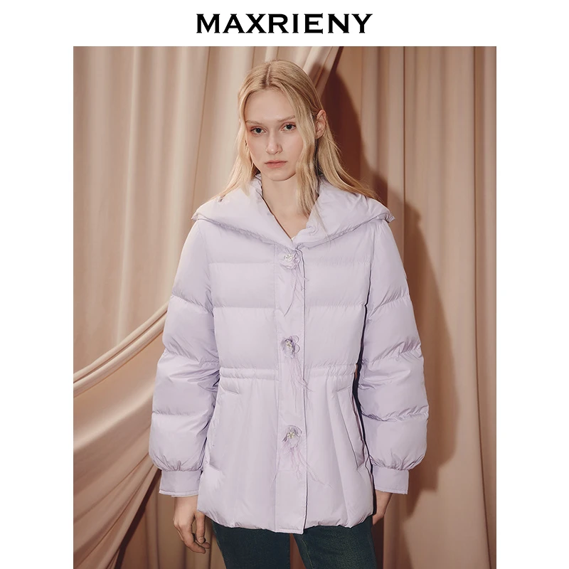 MAXRIENY立体花装饰x型收腰羽绒服女25冬款白鸭绒防风翻领外套