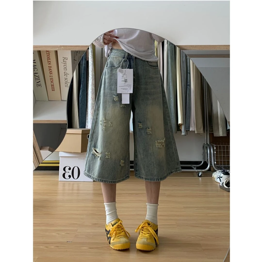 大码美式水洗破洞七分牛仔裤女夏季新款复古宽松显瘦百搭直筒裤子