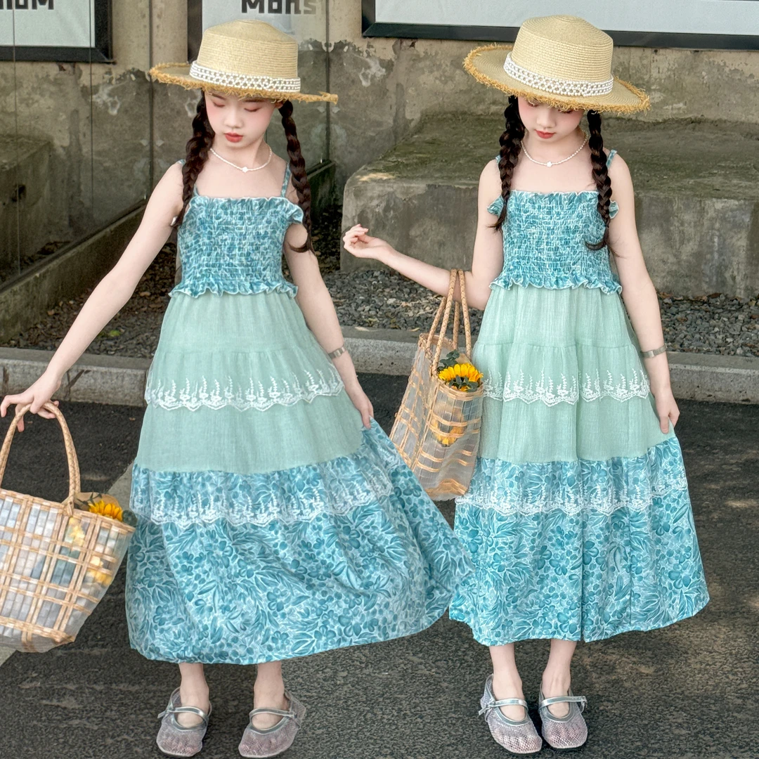 裙子女童夏季甜美田园森系海边度假风拼接吊带裙小女孩沙滩裙长裙