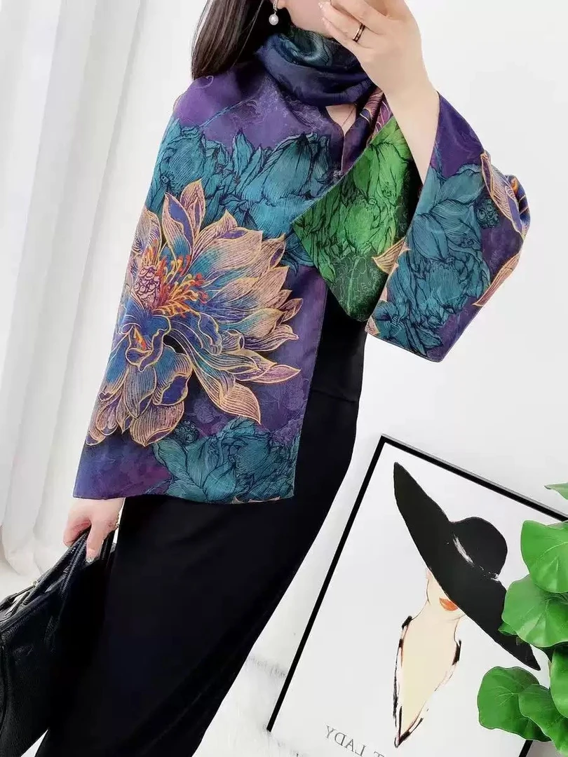 中国风丝巾双色双面印花围巾花萝提花镂空重磅长巾披肩180*70