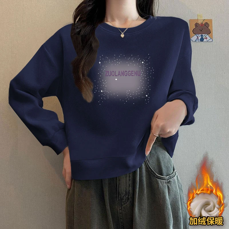 加绒加厚遮肚百搭显瘦圆领外套女华棉印花别致设计感宽松套头卫衣