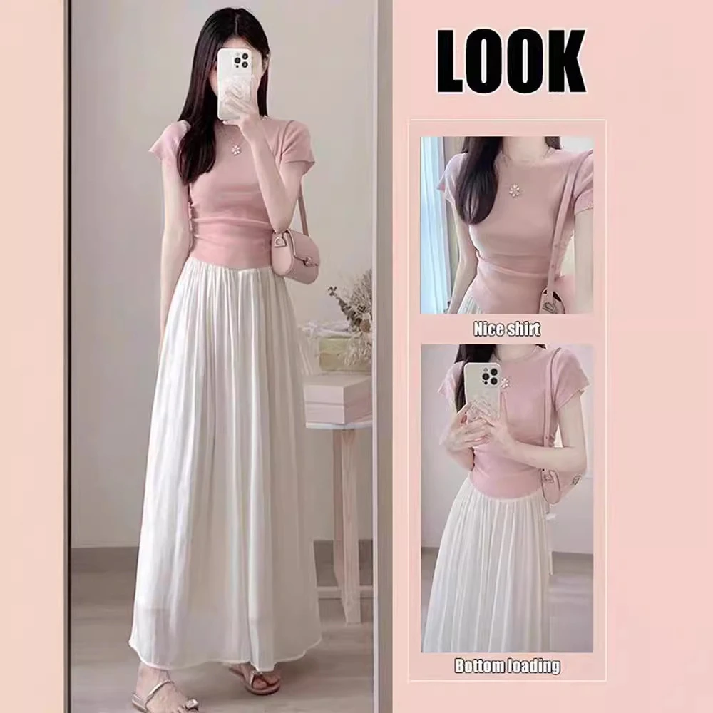 夏季小个子盐系穿搭粉色半身裙气质轻熟两件