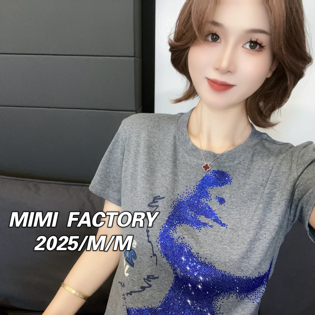 芈芈 2025新款短袖 重工烫钻麋鹿短袖T恤女修身显瘦上衣#2840