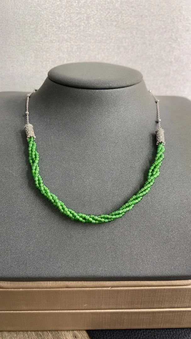 天然A货翡翠卡3小米珠项链满绿翡翠扭扭链麻花项链