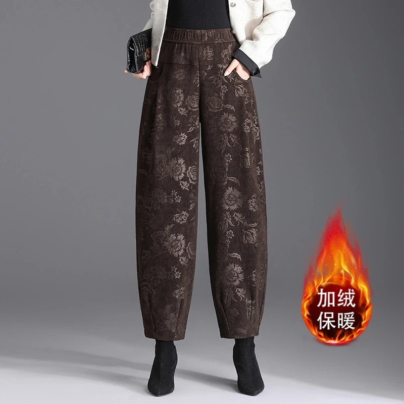 气质加绒花苞裤女秋冬2024新款松紧腰宽松九分复古印花休闲灯笼裤