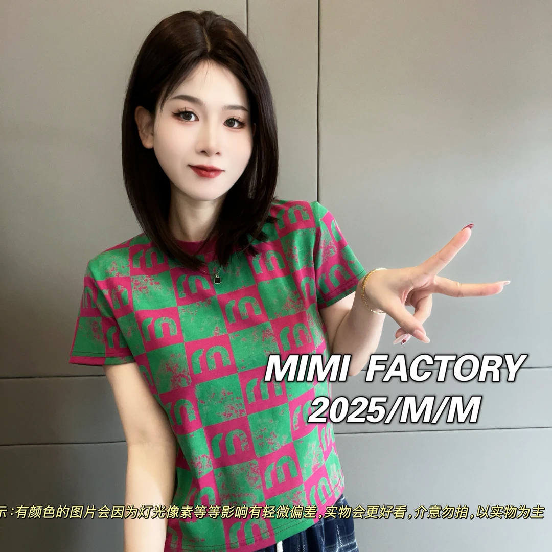 芈芈-2025早春新款 欧货满印短袖T恤女修身显瘦时尚休闲百搭XCTQ