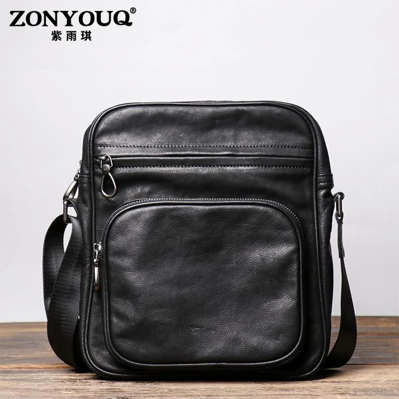 紫雨琪新款男包斜挎包休闲复古简约单肩包竖款手工旅行邮差包胸包