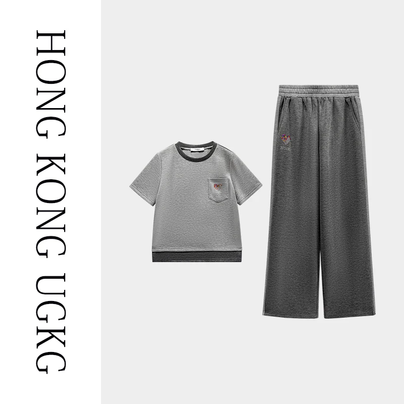 香港UGKG灰色休闲套装短袖T恤搭配阔腿长裤两件套73251ZH039-2