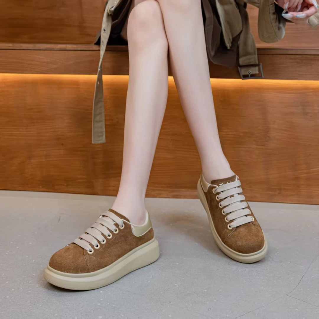 厚底增高7CM头层牛皮加绒舒适休闲女板鞋秋冬款真皮复古运动百搭