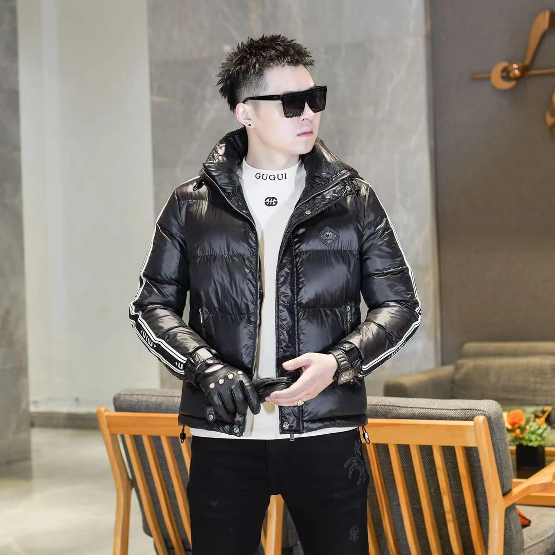 路驰高端亮面连帽棉服男士冬季潮牌保暖棉衣外套