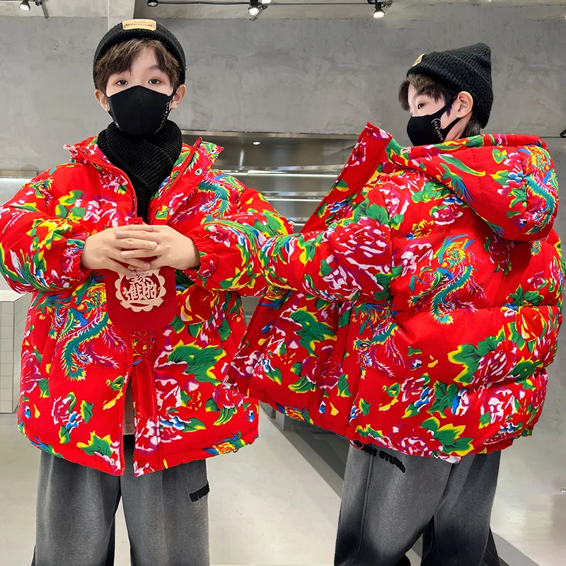 男童冬装东北大花红色棉袄羽绒棉服大童冬季加厚棉衣保暖男孩外套