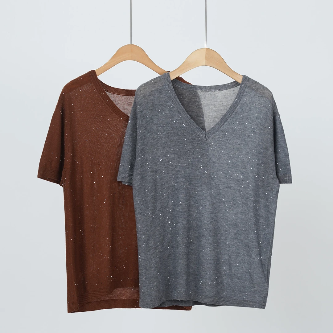 双股120支精纺水溶羊毛珠片纱16针平纹织柔软针织短袖女（251461t）