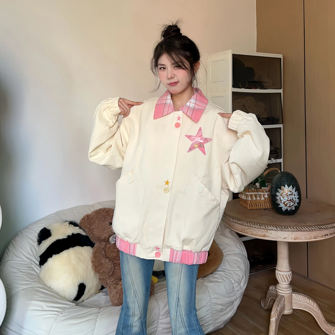 <春日>甜酷格子刺绣棒球服外套2025春新款学院风宽松显瘦休闲夹克