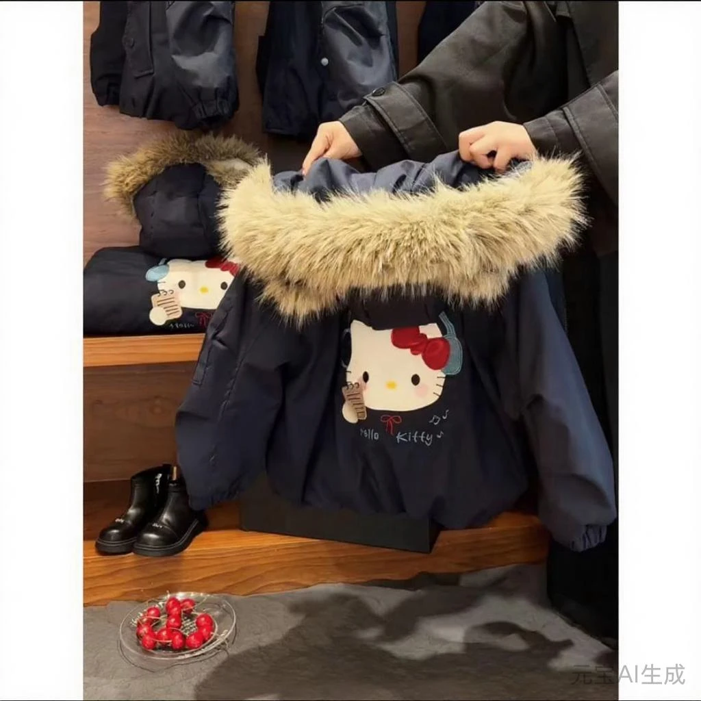 女童冬装外套加绒加厚连帽外套2025新款中大童保暖女孩毛领棉服