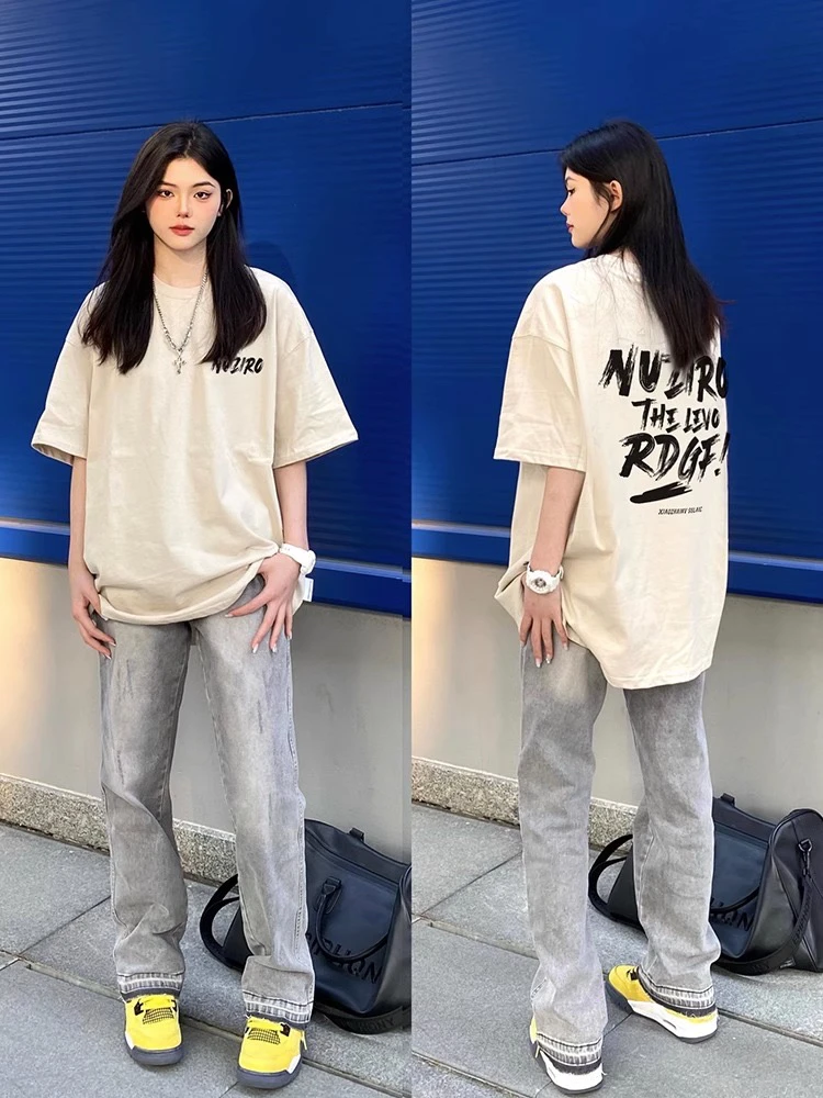 美式复古高级感潮牌显瘦字母纯棉短袖T恤男女夏季宽松半袖上衣ins