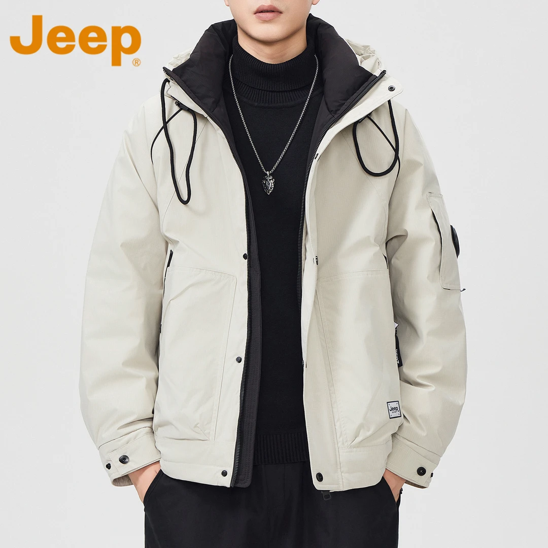 JEEP吉普90白鸭绒工装羽绒服男款冬季加厚保暖连帽户外冲锋外套男