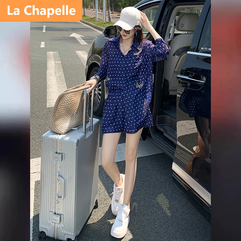 拉夏贝尔又a又飒时髦休闲短裤套装女宽松减龄圆点长袖衬衫两件套