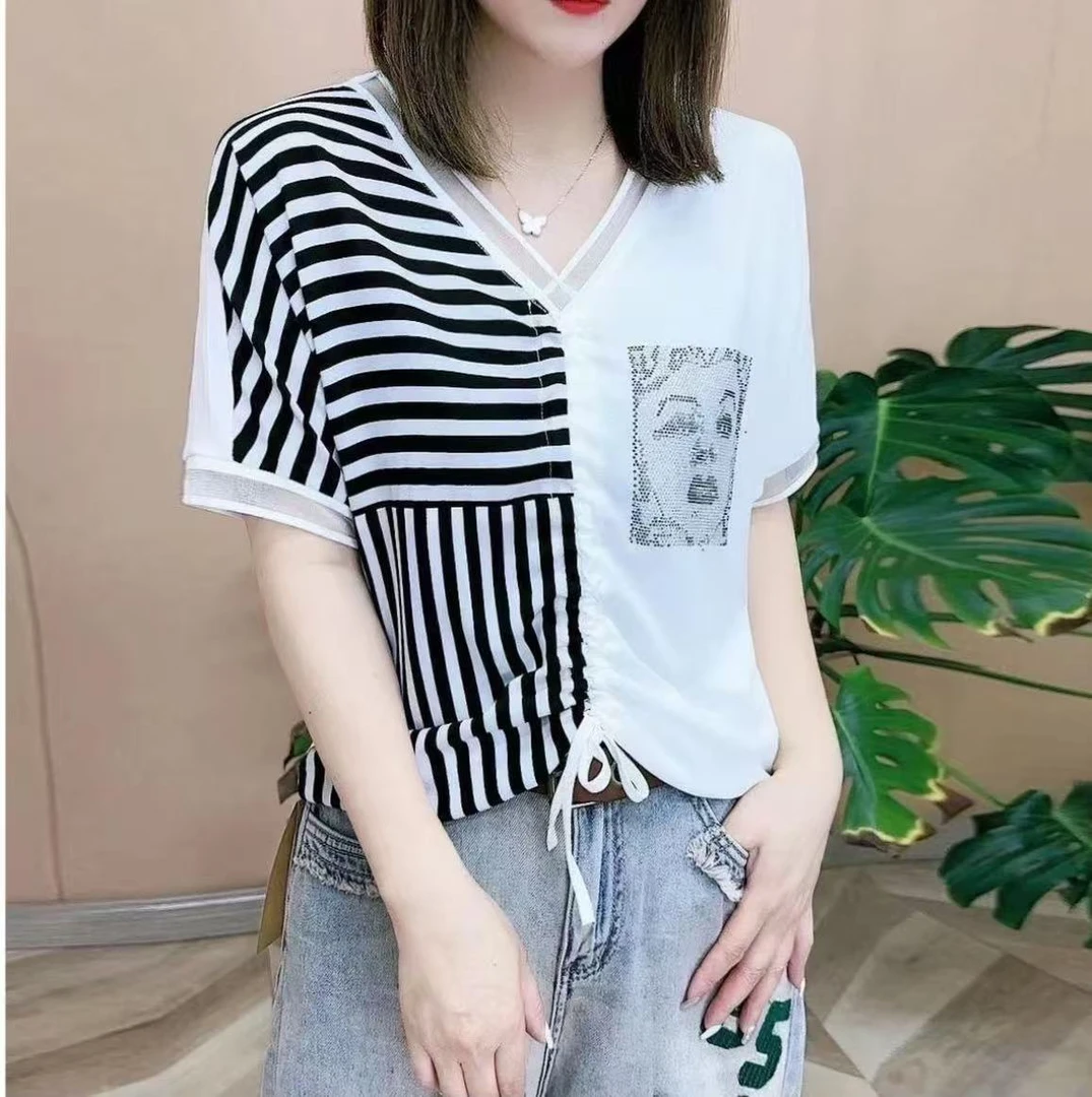 2037-女装时尚T恤条纹烫钻洋气短袖