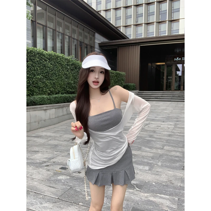 韩系纯欲风穿搭套装女夏季辣妹修身吊带宽松长袖防晒上衣A字短裙