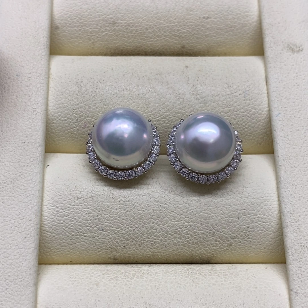 银S925镶嵌耳饰海水珍珠澳白耳饰10-11m m