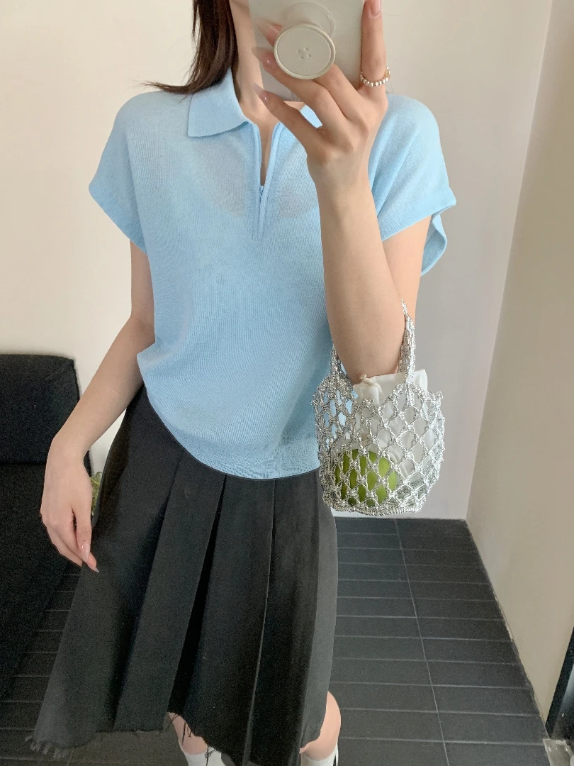 【潘潘.508818】2025年夏季新款云朵亚麻纯色短袖翻领针织衫