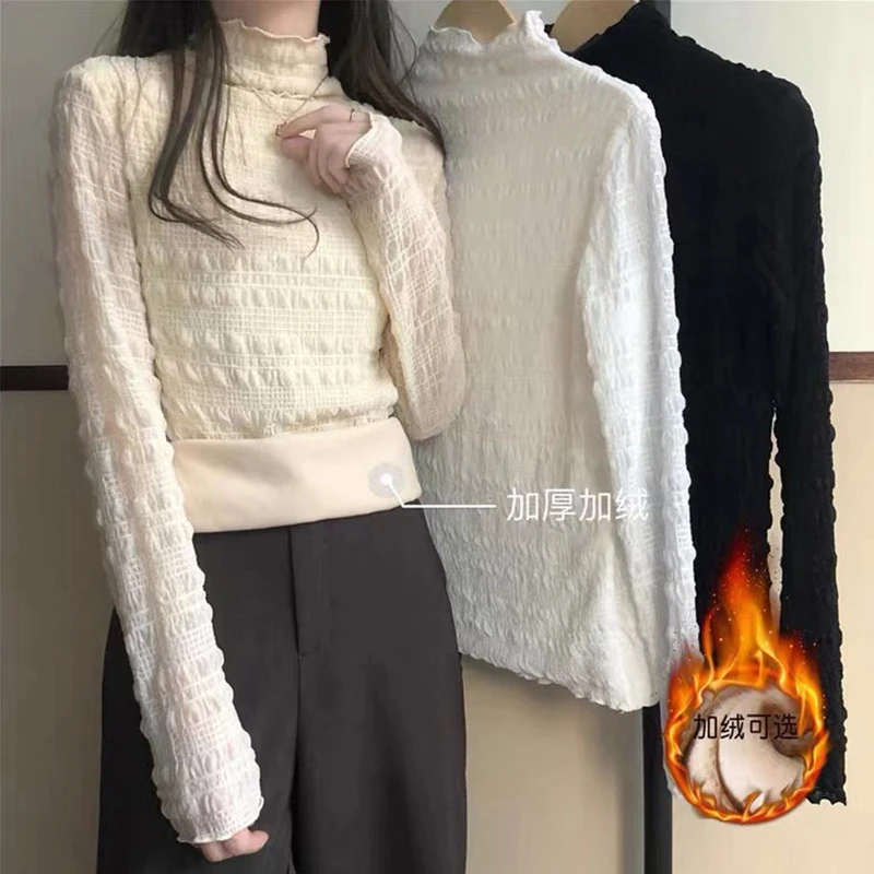 泡泡蕾丝内搭打底衫女内搭百搭新款外穿加绒加厚保暖蕾丝衫