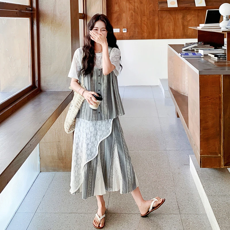 巨好看的夏装一整套2025爆款撞色拼接吊带不规则罩衫半身裙三件套