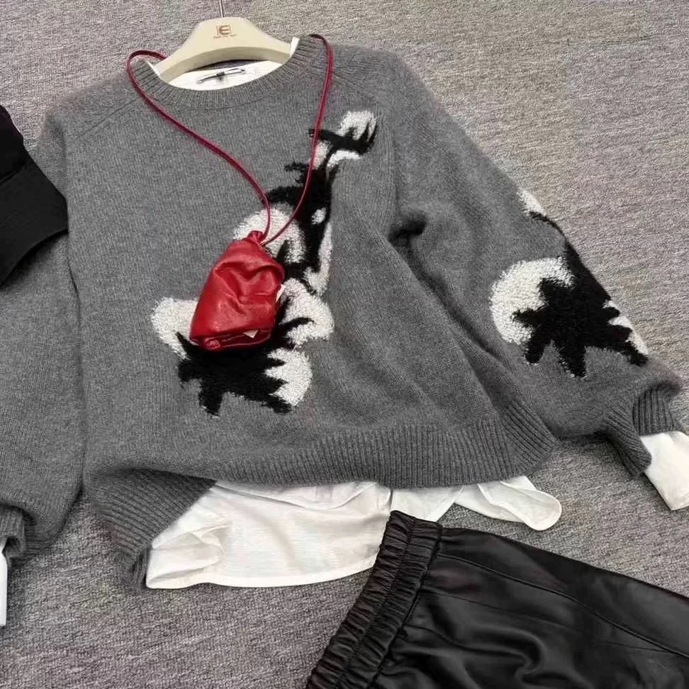 新品 100%纯山羊绒圆领插肩宽松提花套头针织毛衣