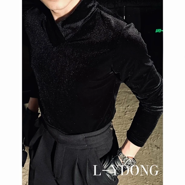 L-YDONG【法式V领】轻奢丝绒斜领秋冬高级感内搭男士打底衫7926