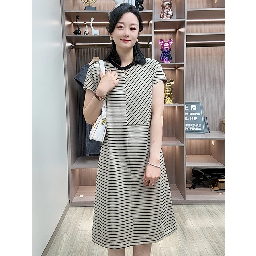 25年夏季圆领休闲条纹拼接连衣裙女气质显瘦