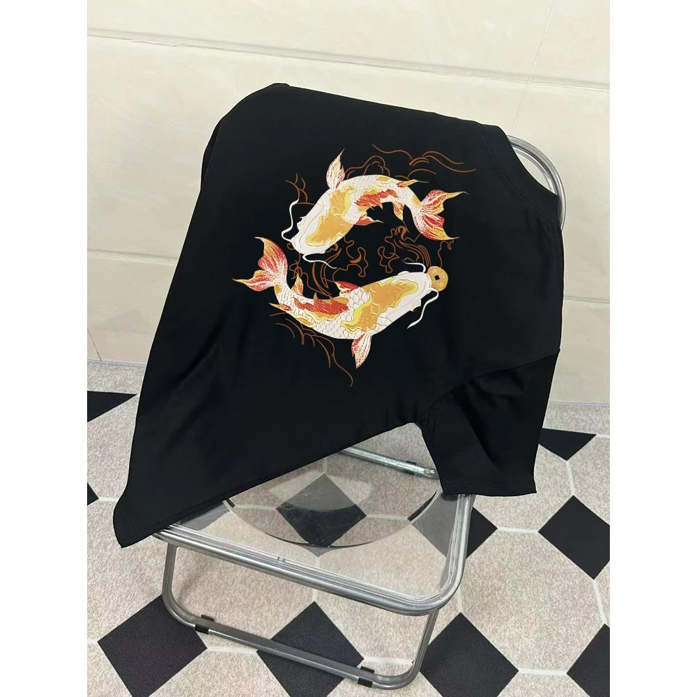 国潮复古鲤鱼印花短袖T恤男夏季vintage青少年宽松小领口上衣