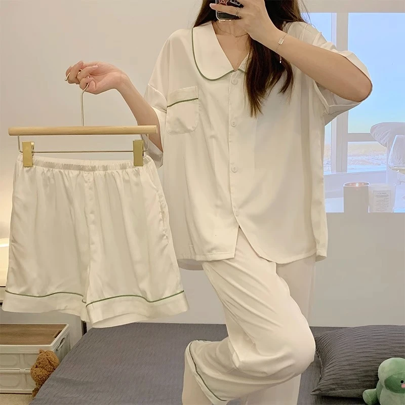 韩版简约ins风娃娃领米白睡衣女夏季棉质短袖大码女士家居服套装