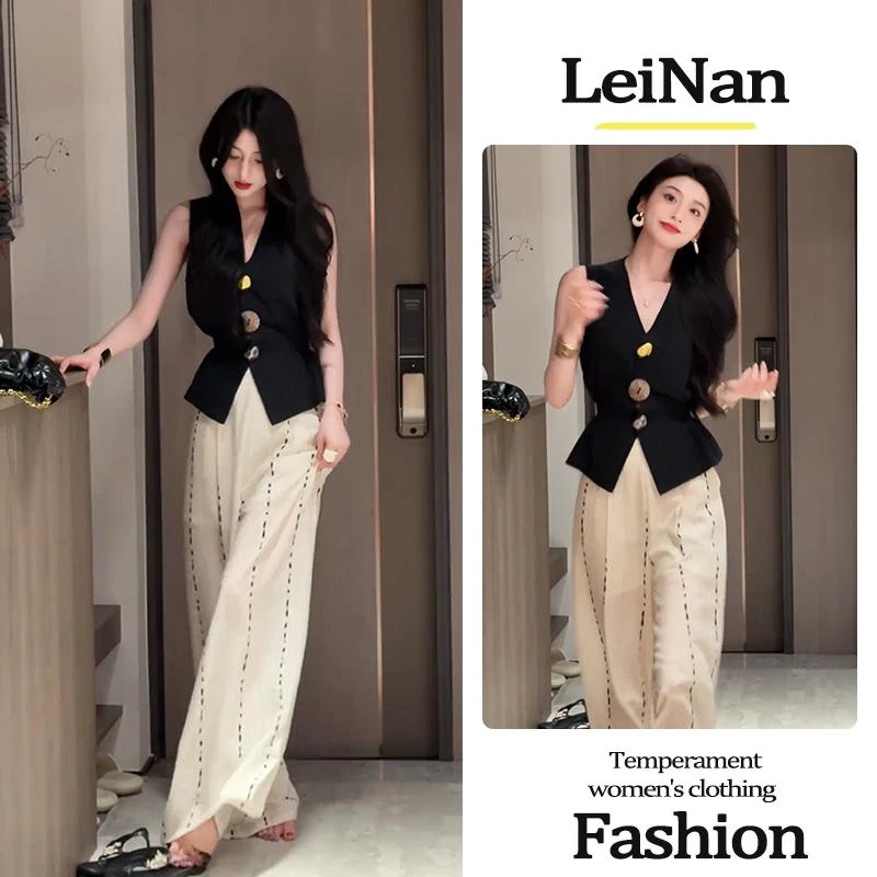 2025新款夏季法式法式时尚减龄无袖背心上衣百搭高腰休闲裤两件套