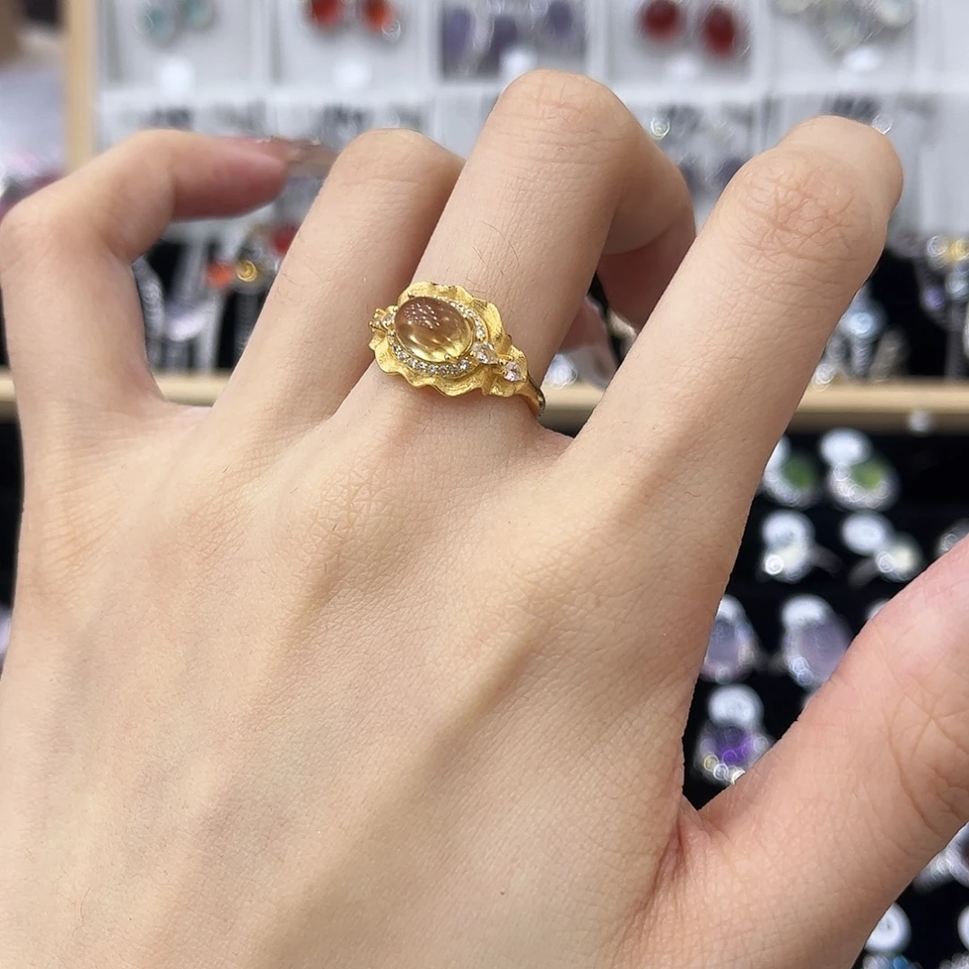 黄晶银S925镀金镶嵌戒指