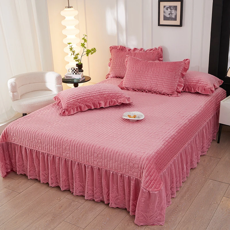 【婴儿绒单床盖】樱桃蕾丝款加绒加厚加大夹棉绗缝床品套件纯色韩版