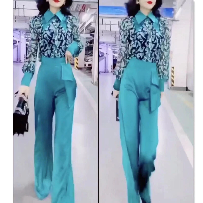 春秋季新款蓝色衬衫阔腿裤两件套显瘦时尚女装