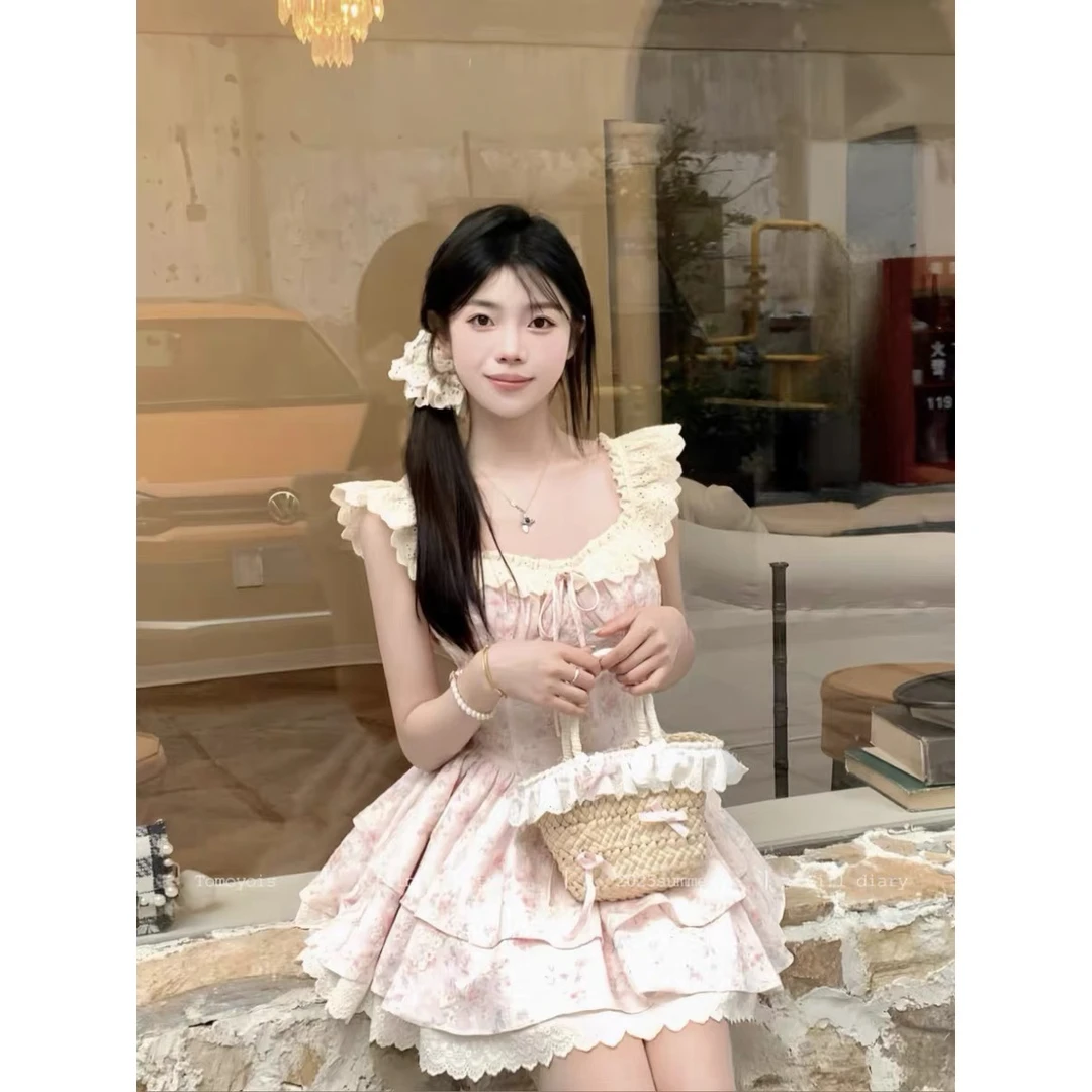 纯欲甜辣妹小飞袖温柔碎花收腰连衣裙蕾丝拼接粉色公主蓬蓬短裙女