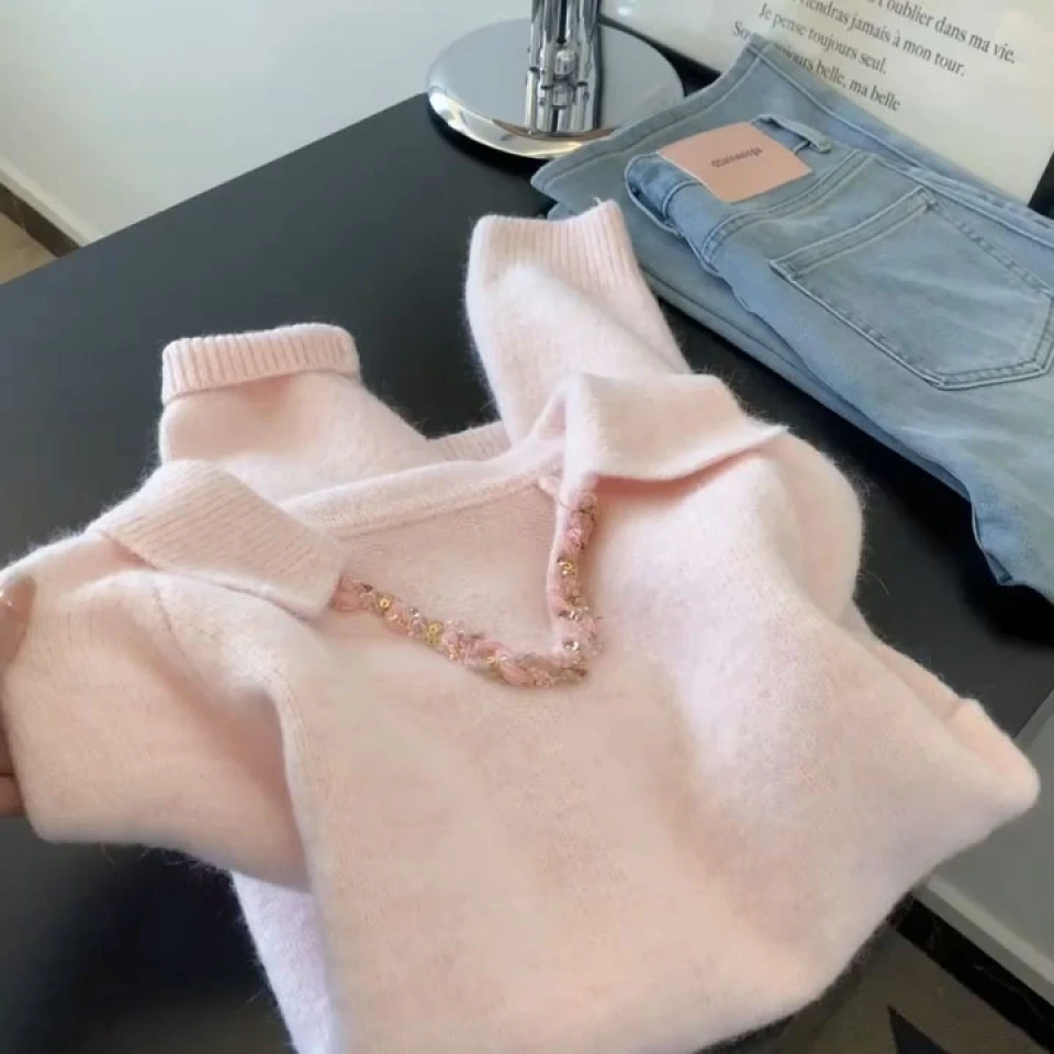 高级感粉色V领毛衣女秋冬2025新款慵懒松弛感气质打底衫内搭上衣