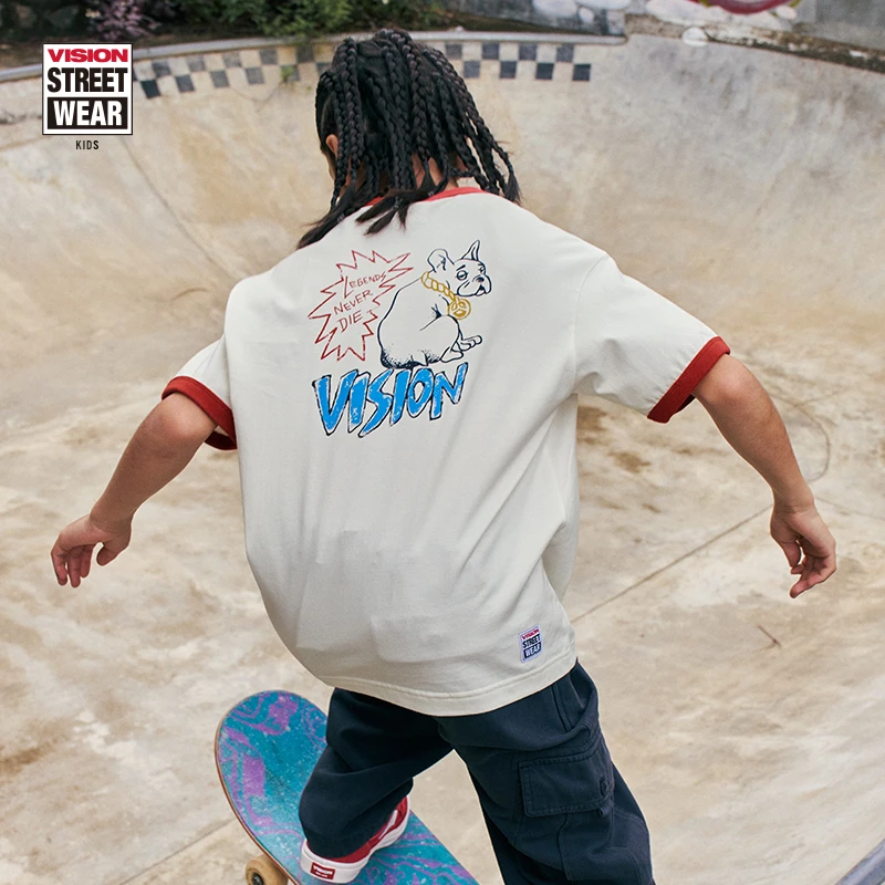 VISION童装 美式复古撞色领滑板法斗小狗印花宽松短袖T恤男女同款