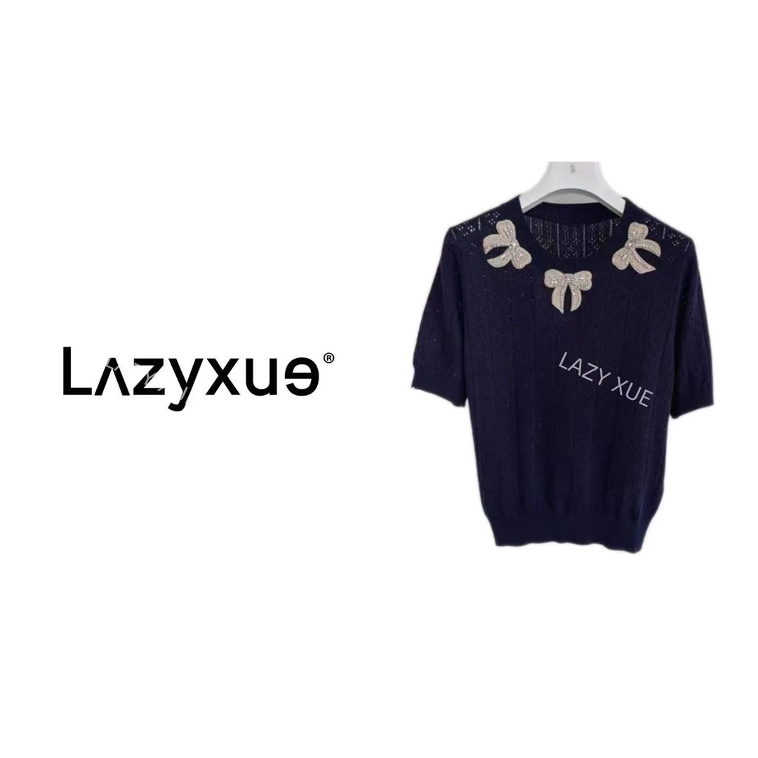 LAZYXUE薛懒懒/“大女主”重工钻闪蝴蝶结短袖圆领针织上衣 T5554